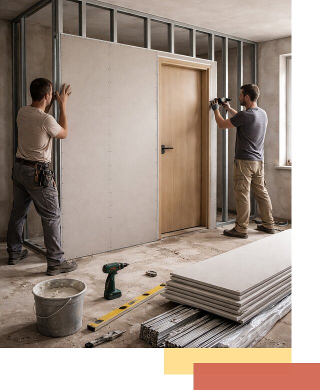 Перегородка из гипсокартона с дверью под ключ в Протвино