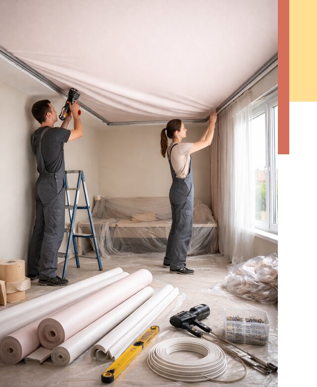 Монтаж цветного натяжного потолка в Протвино от 4274 руб/м² — быстро и недорого | ОТДЕЛОЧНИК-Прн