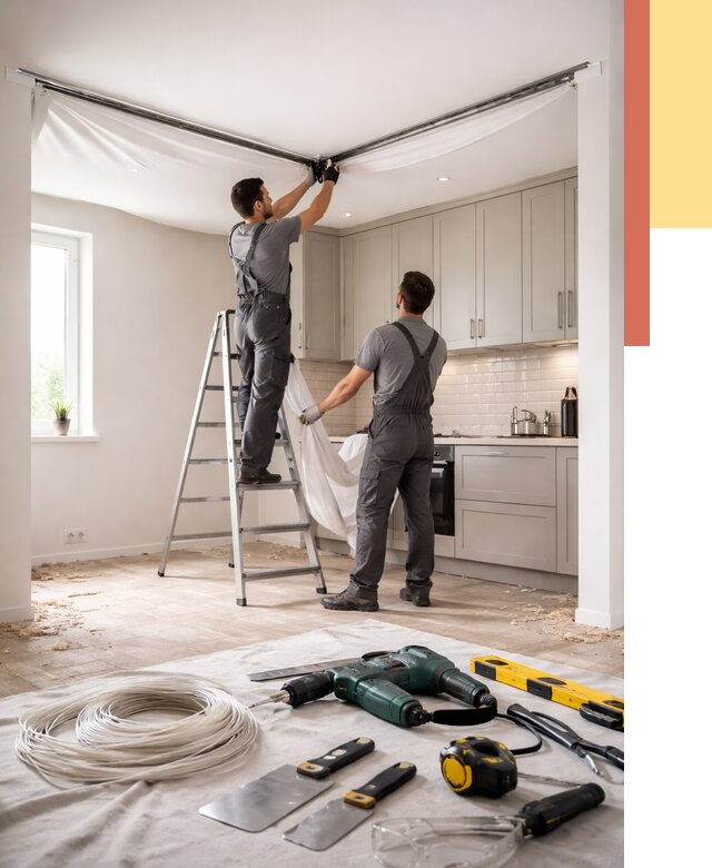 Установка натяжного потолка на кухне в Протвино от 2442 руб. | ОТДЕЛОЧНИК-Прн