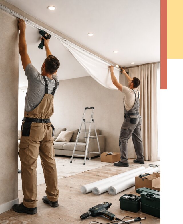 Монтаж натяжного потолка в гостиной в Протвино от 560 руб. | ОТДЕЛОЧНИК-Прн